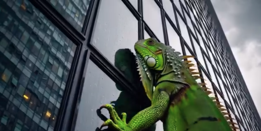 Bright green iguana climbing up the glass exterior of a modern office building.