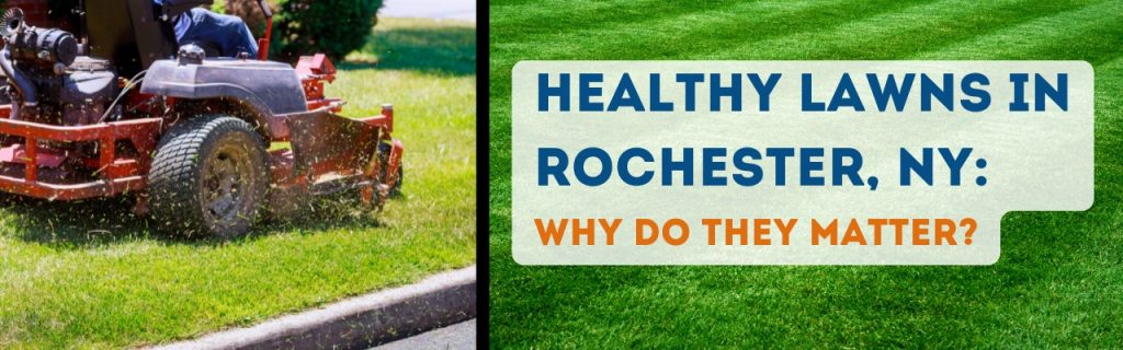 Commercial lawn mower with title, "Healthy Lawns in Rochester, NY: Why Do They Matter?"